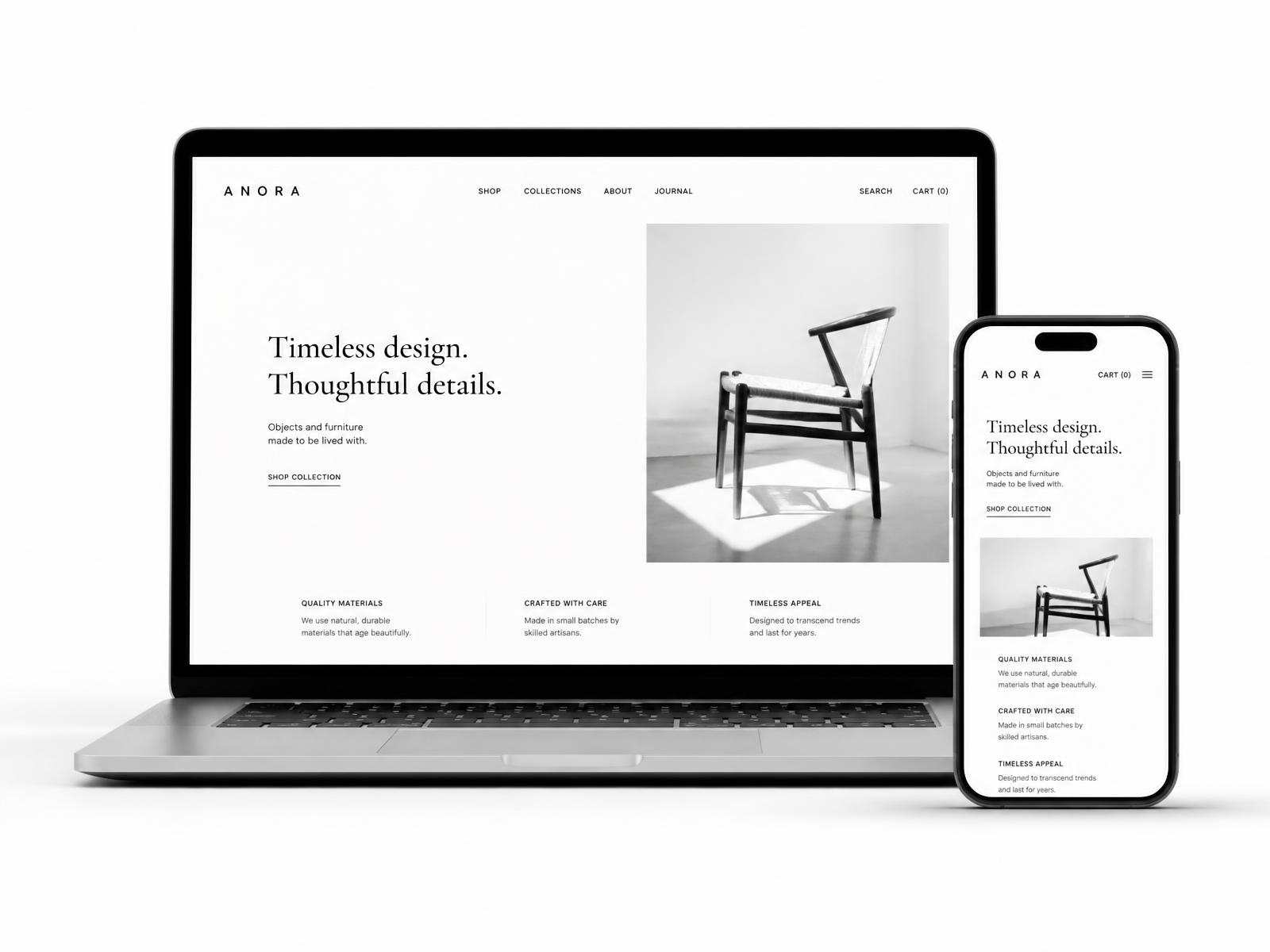 Laptop and phone displaying a minimal black-on-white business website